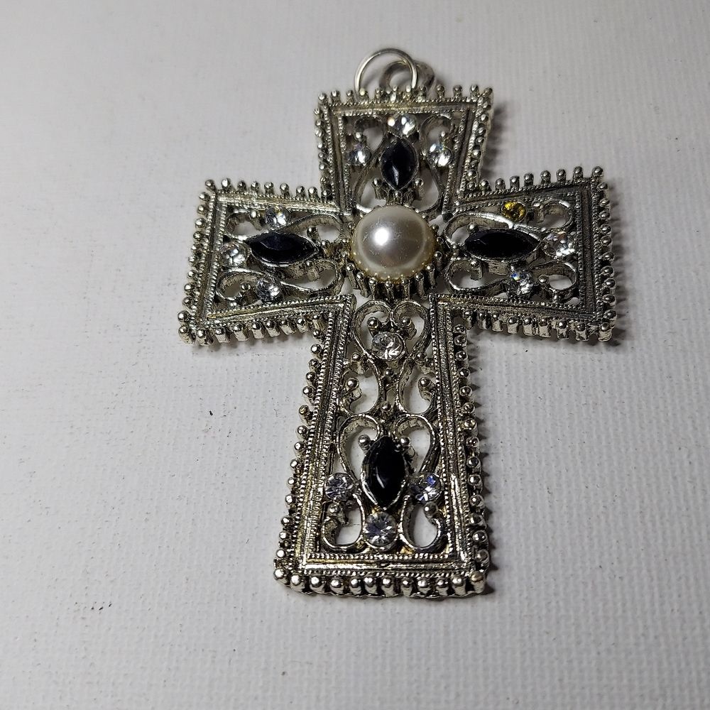 Cross Pendant only Black and Faux Pearl 2 1/2"